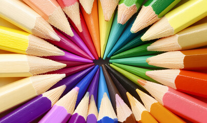 Fototapeta premium Vibrant colored pencils arranged in a circle, showcasing a spectrum of hues. Perfect for education, art, and creativity themes.