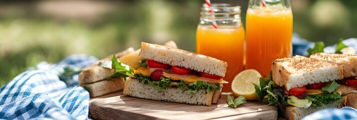 Delightful Summer Picnic with Sandwiches and Fresh Juices on Rustic Wooden Table Outdoors