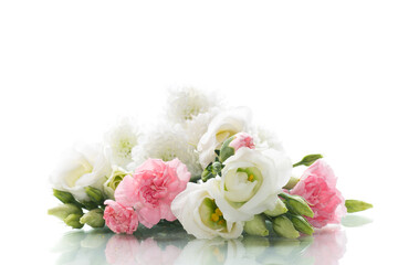 Delicate composition of white and pink flowers, isolated on white background