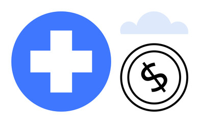 Fototapeta premium Blue cross symbol, coin with dollar sign, and cloud together suggest healthcare, finance, savings, and security themes. Ideal for insurance, health finance, cloud technology medical investment
