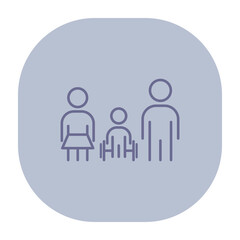 Simple line icon of family unit consisting of two adults and one child seated in wheelchair. Inclusion and diversity concept