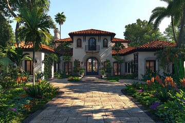 Obraz premium Lush mediterranean villa nestled amongst tropical vegetation, paradise home