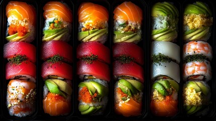 Variety of Sushi Rolls in Black Trays
