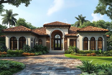 Fototapeta premium Elegant single story residence with a tile roof and tropical landscaping