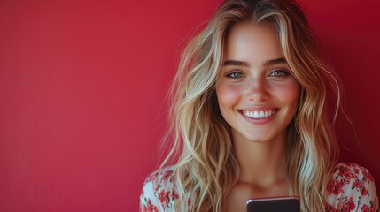 Naklejka premium A smiling woman with short, styled gray hair stands in front of a solid pink background.