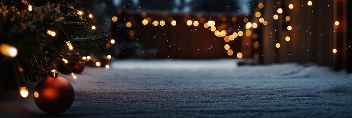 A picturesque snowy scene adorned with colorful Christmas lights and red ornaments, evoking a festive spirit and holiday mood during the winter season.