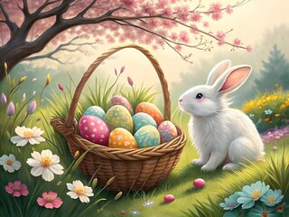 Easter Bunny with Colorful Egg Basket in a Spring Garden