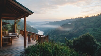 Scenic river valley view from wooden deck at sunrise with misty hills