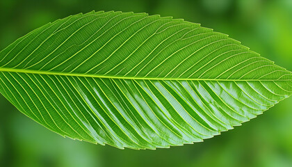 Close-up of a vibrant green leaf showcasing intricate vein patterns against a blurred natural backdrop. Ideal for nature, botany, or environmental themes.