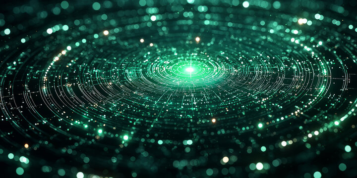 Circular arcs in military green with a subtle radar sweep line, tiny blips, and coordinates to suggest surveillance or detection