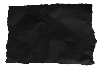 The image showcases a piece of dark black paper with a rough, torn edge, exhibiting a wrinkled texture, suggesting it has been crumpled. torn black paper isolated on background with clipping path.