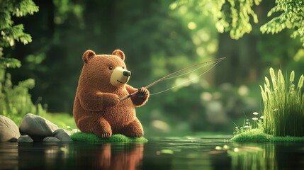A Smiling Bear Fishing Beside a Peaceful Body of Water