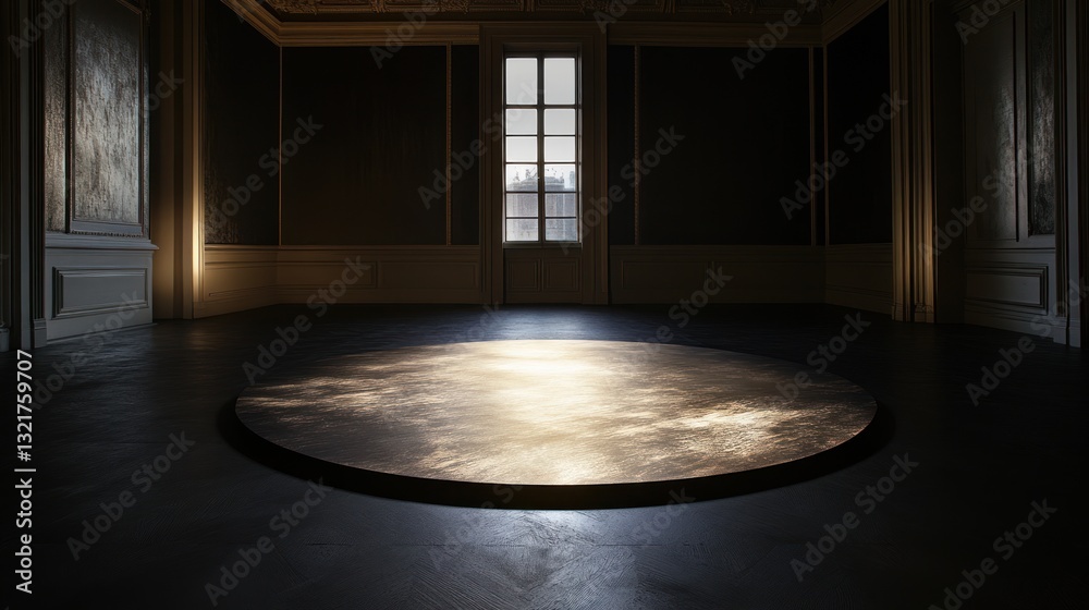 Poster Dark room with illuminated circular floor element.