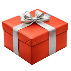 A beautifully wrapped red gift box tied with a silver ribbon and bow ideal for any special occasion or celebration isolated on transparent background..