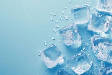 Obraz premium Close-up of melting ice cubes on a light blue background.