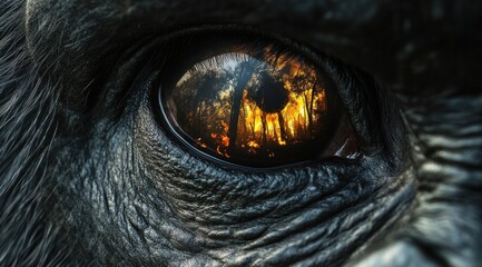 Close-up of primate eye reflecting wildfire.