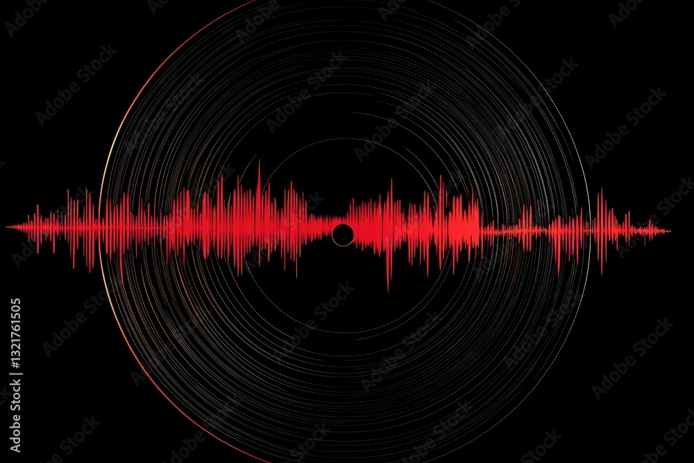 Aufkleber Vinyl record texture with red soundwave ripples showcasing a rhythmic artistic expression in retro-modern style