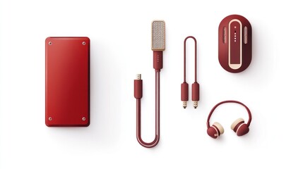 Red audio equipment studio accessories, flat lay