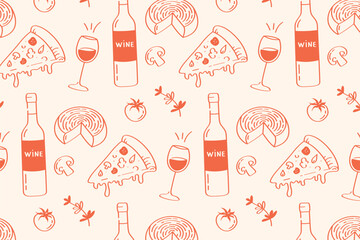 Cotton fabric Pizza and wine pattern hand drawn food and drink icons in warm colors