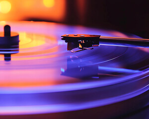 Close-up of vinyl record player needle on a spinning record, illuminated with purple and orange light, showcasing a dynamic music concept, ideal for audiophile or music-related designs