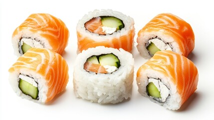 Assorted Salmon Sushi Rolls on White Background