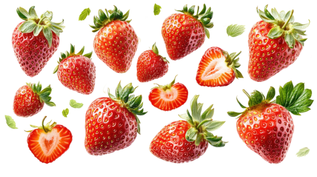Sweet Symphony: A vibrant composition of fresh, juicy strawberries and lush green accents, presented in a visually appealing arrangement, perfect for culinary and design projects.
