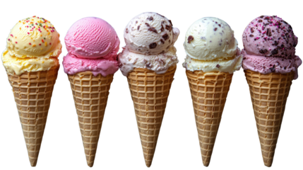 Sweet Symphony of Flavors: A delightful array of vibrant ice cream cones, each boasting a unique flavor and colorful toppings, inviting you to indulge in a refreshing and playful treat. 