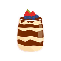 Vector illustration of a milk and chocolate dessert with strawberries and blueberries. Pudding in the glass. Perfect for menu designs, bakery branding and stickers.