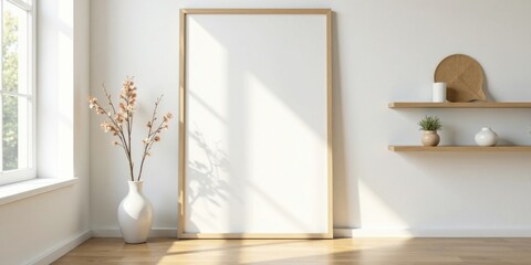 Minimalist interior design featuring a large blank frame, natural light, and simple decor