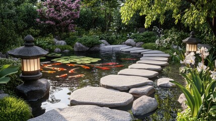 Obraz premium Serene Japanese garden with koi pond and stone pathways. Lush greenery, flowering shrubs, and peaceful ambiance