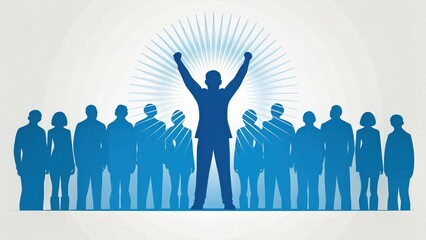 Employee engagement drives satisfaction and performance concept. Silhouette of a leader celebrating with a group, symbolizing teamwork and achievement.