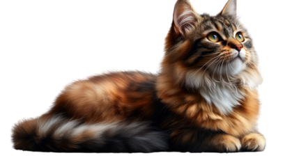 Majestic Cat in repose: A beautiful Maine Coon cat with thick, multi-colored fur lies calmly, gazing upwards. It exudes elegance and gentle affection, captured in a photorealistic image.