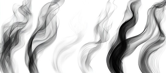 Fototapeta premium Abstract grayscale smoke swirls, flowing design elements isolated on white background.