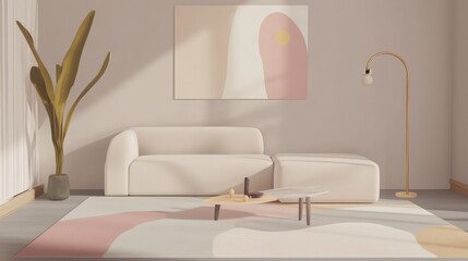Fototapeta premium Modern Minimalist Living Room Design with Soft Pastel Colors and Abstract Art