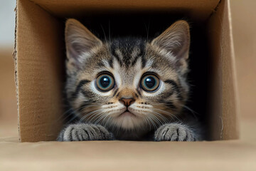 American Shorthair kitten exploring cardboard box with human watching, both displaying wonder and curiosity in a heartwarming and adorable moment of discovery