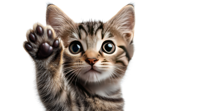 The friendly cat welcomes you: A cute kitten waves at the camera, displaying its adorable paw and expressive eyes.