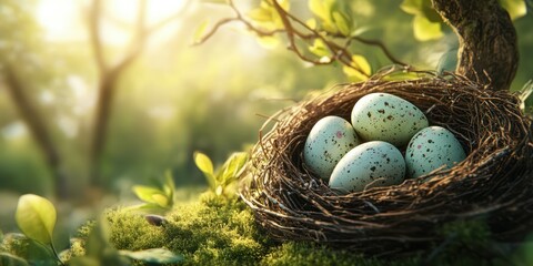 Fototapeta premium Nest with speckled eggs nestled in soft moss during golden hour in a serene forest setting