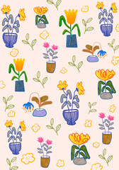 Floral pattern with bright color flowers and leaves hand drawn vector illustration. Nature, plants design for textile, fashion, wallpaper, art and background.