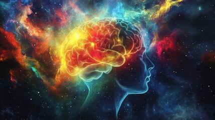 Fototapeta premium A vivid representation of a brain within a cosmic scene, symbolizing creativity and thought.