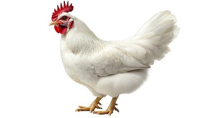 Fototapeta premium White Hen Portrait: A pristine white hen stands gracefully in a studio shot, capturing its vibrant comb, feathered texture, and farm-fresh aesthetic.