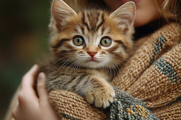 Young Minuet kitten mewing softly in the arms of a human, tiny body nestled against their chest, showing affection and warmth in a tender moment of companionship