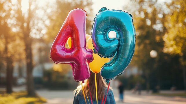 Woman with Colorful Number Balloons Celebrating 49th Birthday Outdoors