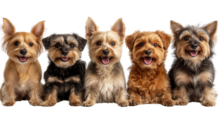 Playful Pups: A charming portrait of five adorable Yorkies, each with a unique coat and a joyful expression, arranged in a delightful row.