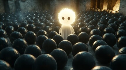 Fototapeta premium A bright orange ball shone amidst dark orbs, representing uniqueness and individuality in a uniform expanse