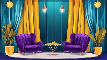 Elegant Purple Velvet Armchairs in a Stylish Living Room with Golden Accents and Yellow Curtains