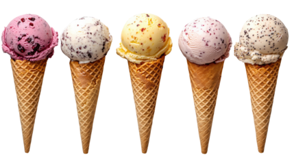 Colorful Cones: A delightful array of ice cream cones, each brimming with a unique flavor and texture, offering a sweet and refreshing treat.