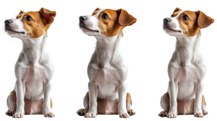 Trio of Posing Jack Russell Terriers: Three adorable Jack Russell Terriers, each striking a unique pose, captured in a studio setting. Highlighting their expressive faces, alert ears.