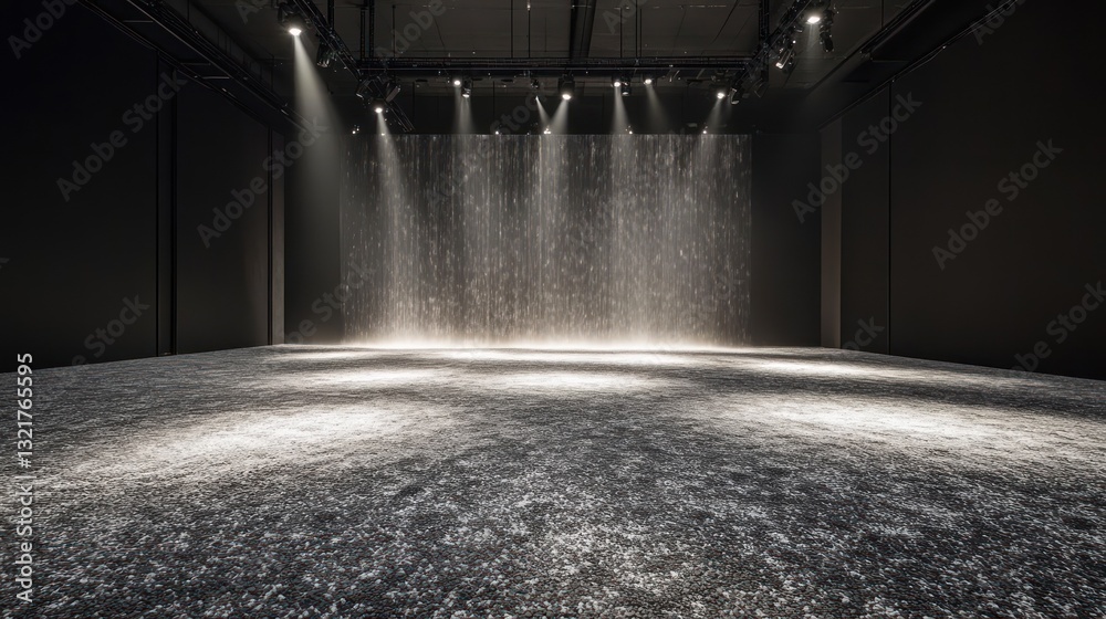 Aufkleber dark room with spotlights illuminating a textured floor and simulated rain.