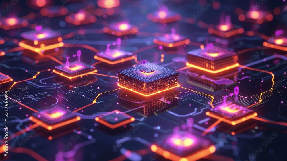 Poster A network of illuminated processors arranged on a digital circuit board, glowing in vivid colors against a dark background, evokes a sense of advanced technology and innovation.