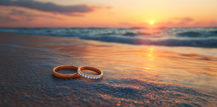 Wedding bands of gold rest on stones near a warm fire at sunset